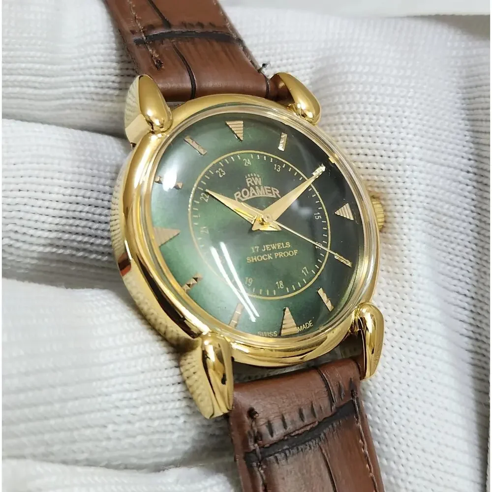 Vintage 1981 Roamer Manual Mens Gold Watch W/Leather Strap & Green accents